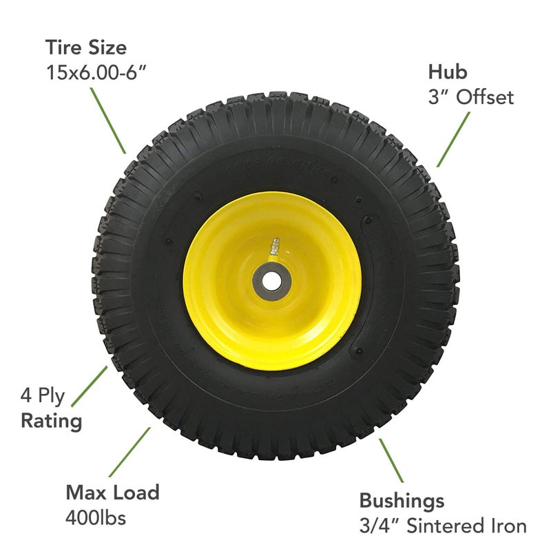 Marastar 15x6.00-6 Pneumatic, OEM Like Replacement Front Tire and Wheel Assembly, Compatible with John Deere Mowers, Turf Saver, 4PR Tube-Type Tire, Yellow Wheel, 3-Inch Offset Hub, 3/4-Inch Bushings - Image 3